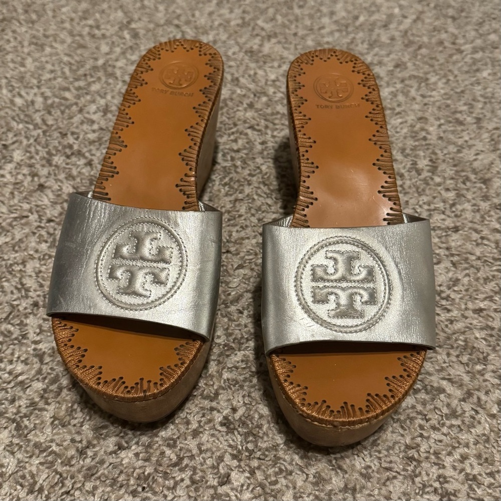 Tory Burch Silver Patty Sandals with Logo size 9